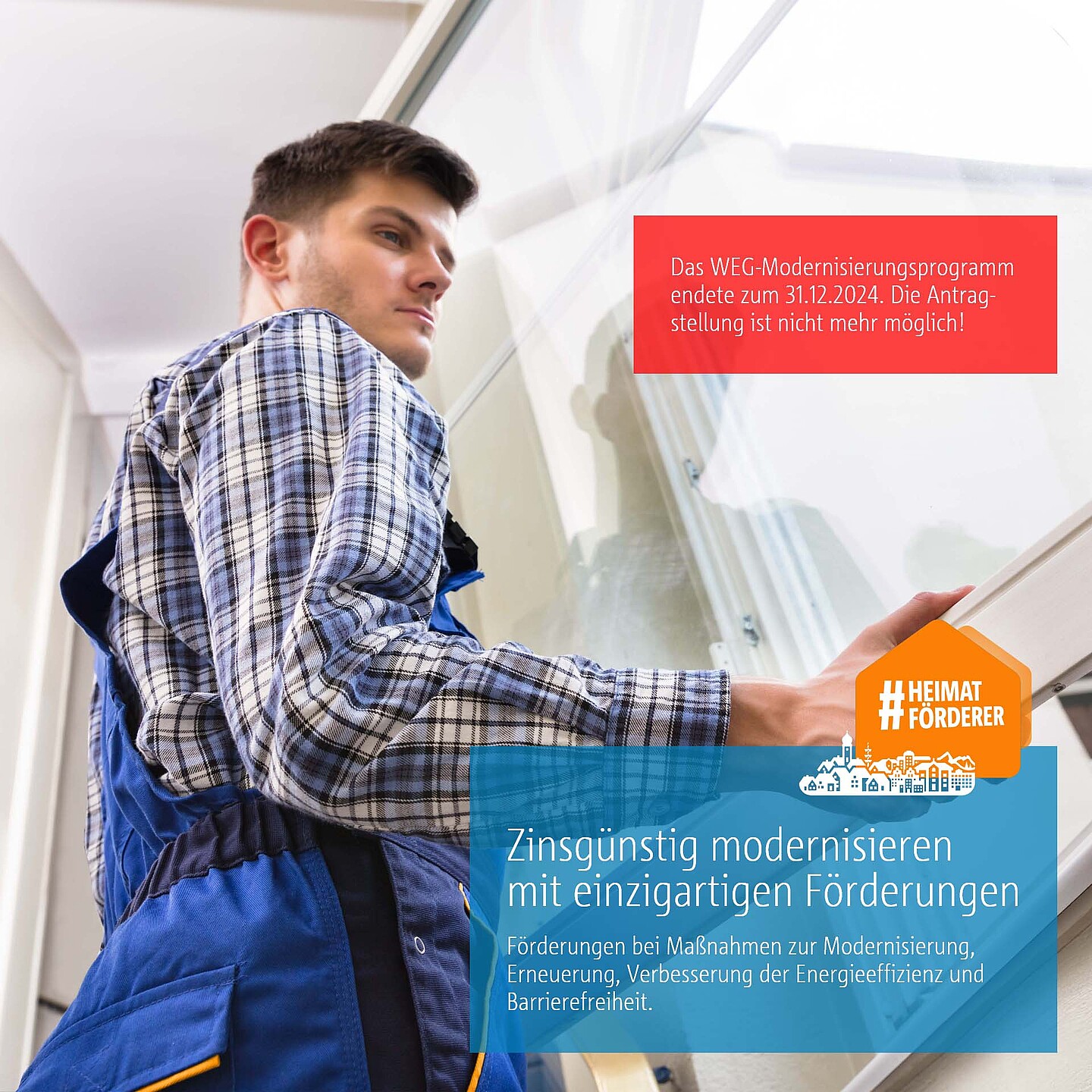 Staatliche Förderungen zur Modernisierung für Wohnungseigentümergemeinschaften | BayernLabo Handwerker setzt Fenster ein: Energetische Sanierung und nichtenergetische Maßnahmenförderung mit dem einzigartigen WEG-Modernisierungsprogramm der BayernLabo.