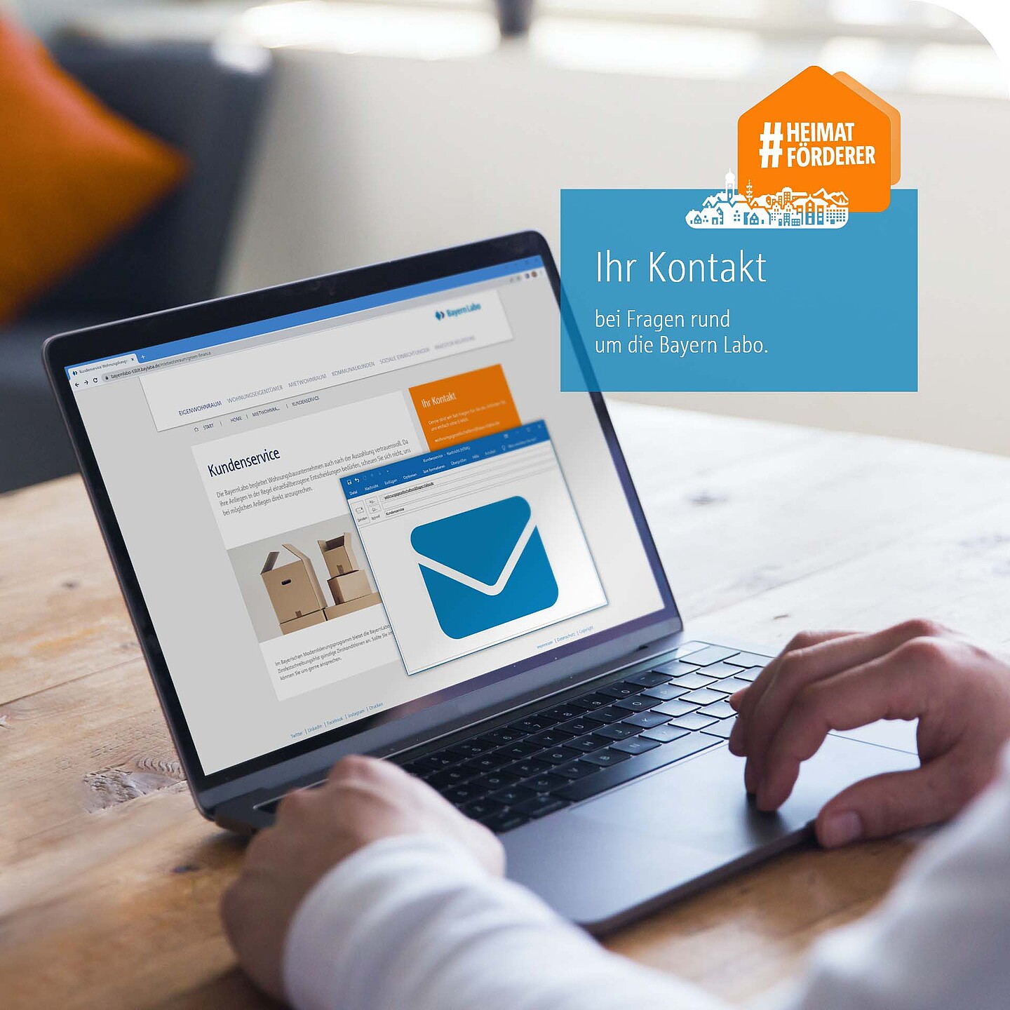 Ihr Kontakt bei Fragen an die BayernLabo als Förderinstitut Laptop mit E-Mail Postfach und einer Nachricht der BayernLabo auf eine Kundenservice-Anfrage.