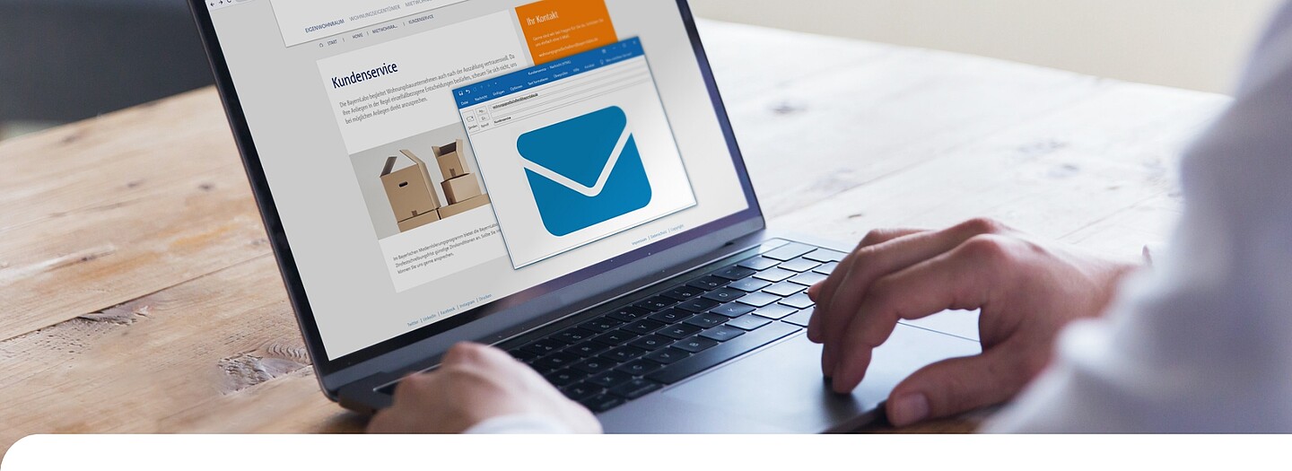 Kundenservice für Wohnungsbaugesellschaften | BayernLabo Kundenservice auf Laptop: Kundenservice zur Mietwohnraumförderung der BayernLabo