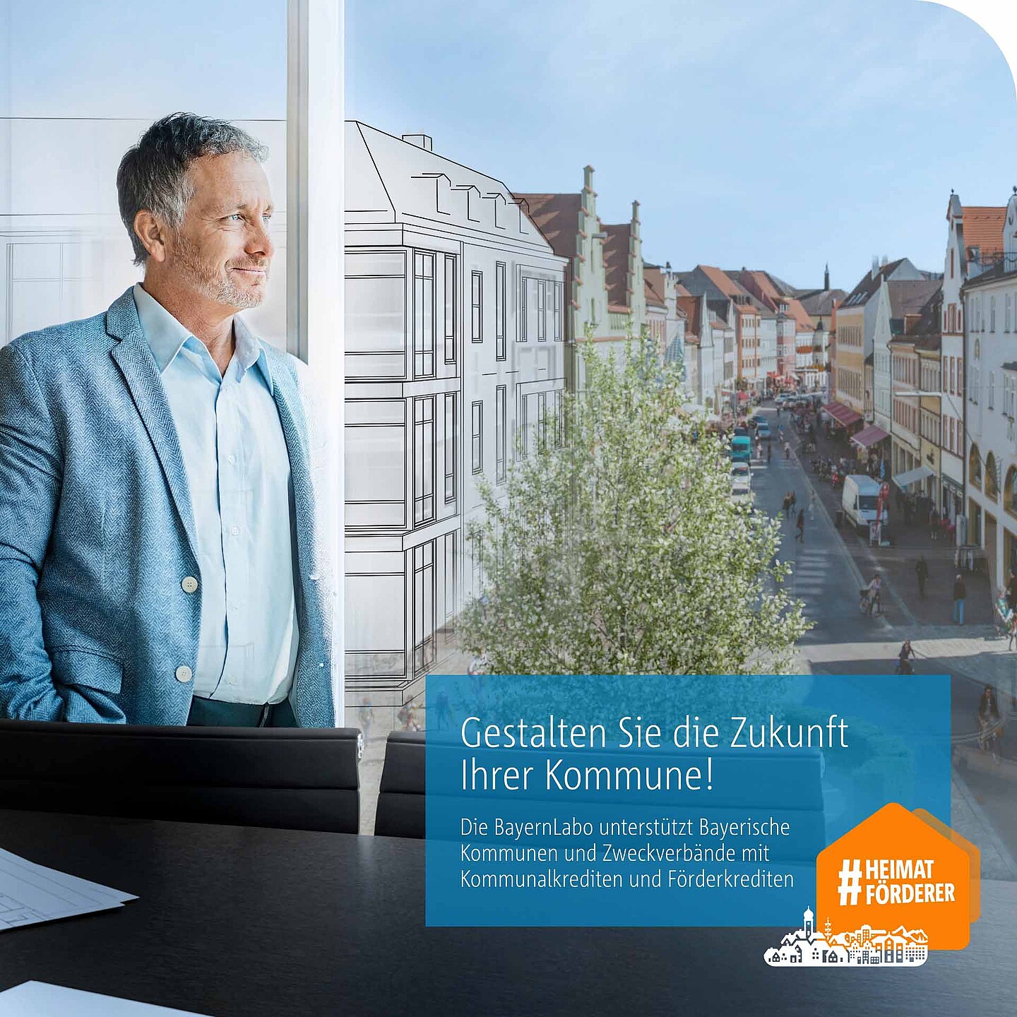 Gestalten Sie die Zukunft Ihrer Kommune mit der Unterstützung der BayernLabo Bürgermeister blickt au dem Fenster auf seine Kommune unterstützt durch die BayernLabo.